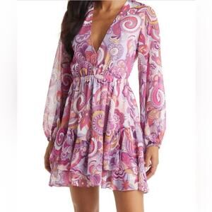 New VICI Collection Pink Paisley Long Sleeve Babydoll Dress Women's size M